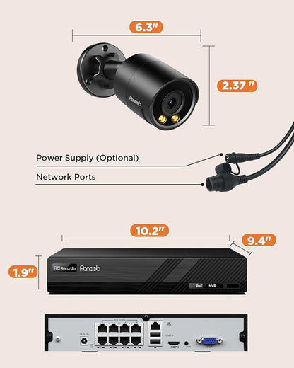Security Camera System PoE, 8X 4MP Wired Bullet IP Cameras Outdoor Built-in Microphone, AI Human Vehicle Detection, 5MP 8CH NVR with 2TB HDD, Smart Color Night Vision, PB38F30808-4MD(Black)