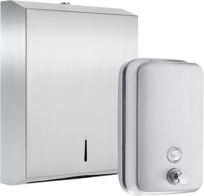 2 Pcs Commercial Soap Dispenser and Paper Towel Dispenser Set with Lock-Stainless Steel,Wall Mount,Large Capacity Manual Liquid Pump Rust Proof Leak Free for Commercial Home Bathroom