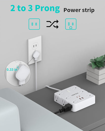 2 Prong Power Strip, 2 Prong to 3 Prong Outlet Adapter with 12 AC & 4 USB(2 USB-C), 1700J Two Prong Surge Protector, 5FT Extension Cord, Wall Mountable, Ideal for Old House Non-Grounded Outlets