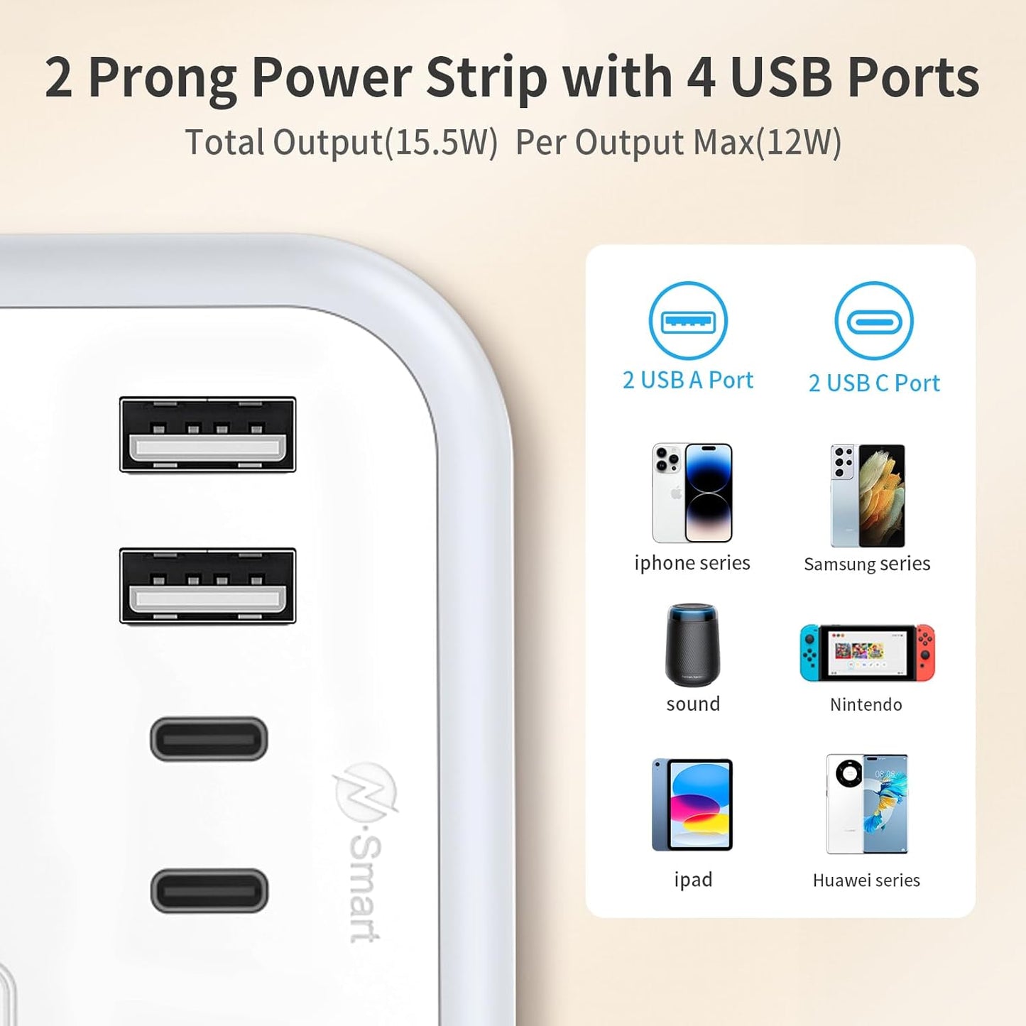 NTONPOWER 2 Prong Extension Cord 25 FT, 1080 Joules Surge Protector Power Strip with 6 Outlets 4 USB Ports(2 USB C), 1875W Three Prong to Two Prong Adapter, Rotating Flat Plug, Ideal for Old House