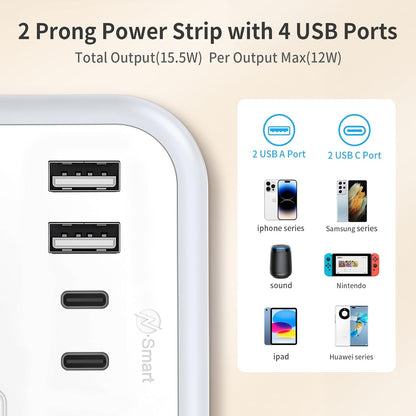 NTONPOWER Extension Cord 15 FT, 1875W Two Prong to Three Prong Outlet Adapter, 1080 Joules Surge Protector Power Strip, Rotating Plug 2 Prong Extension Cord with 4 USB Ports(2 USB C), for Old House