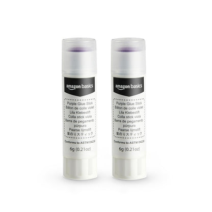 Amazon Basics Purple Washable School Glue Sticks, Dries Clear, 0.21-oz Stick, 2-Pack