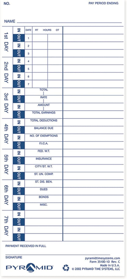 Pyramid Time Systems - 30% Recycled Time Cards (35100-10PK5) for Pyramid Models 3500, 3500ss, 3600SS, and 3700 Time Clock and Document Stamp, Single Sided Time Sheets (4 X 9 in) - 500 Time Cards