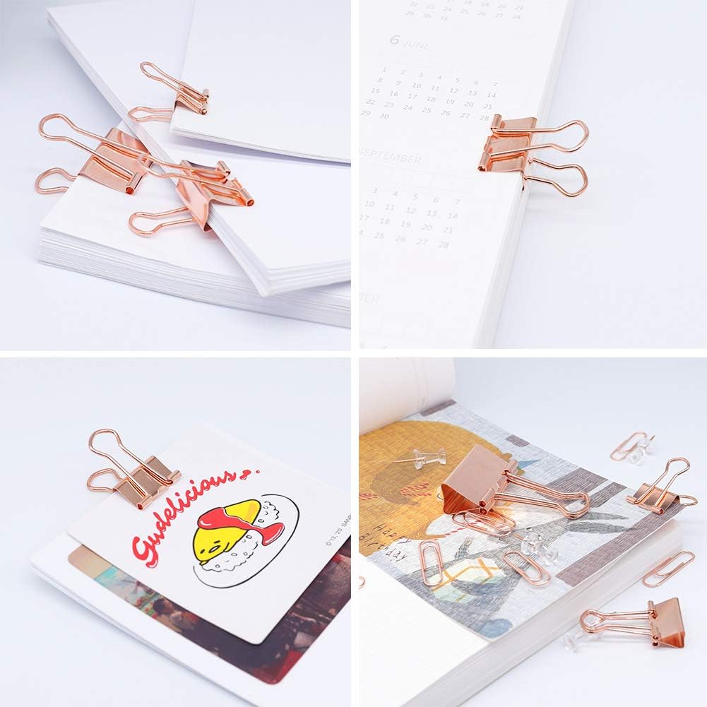 Binder Clip Paper Clamps, Assorted Sizes (Mini, Small, Medium, Large), 100 Pcs Clips for Office School Supplies (Rose Gold)
