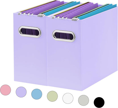 Oterri File Organizer, 2 Packs Small Storage Box, Cardboard File Folder Organizer, Collapsible File Box for Hanging File Folders Letter Size, Portable Filing Organizer with Handle (Purple)