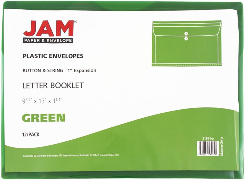 JAM PAPER Plastic Envelopes with Button & String Tie Closure - Letter Booklet - 9 3/4 x 13 - Green - 12/Pack