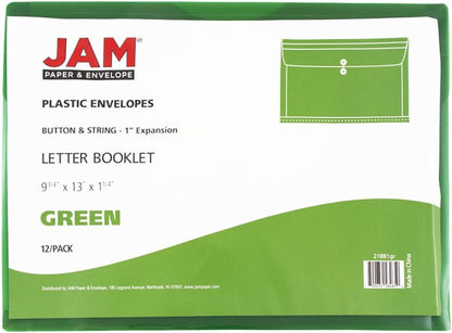 JAM PAPER Plastic Envelopes with Button & String Tie Closure - Letter Booklet - 9 3/4 x 13 - Green - 12/Pack