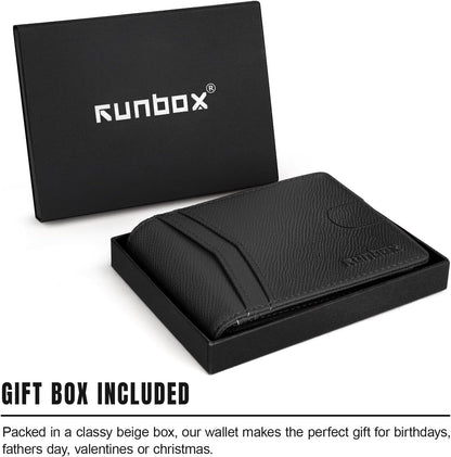 RUNBOX Wallet for Men Slim Rfid Leather 2 ID Window With Gift Box