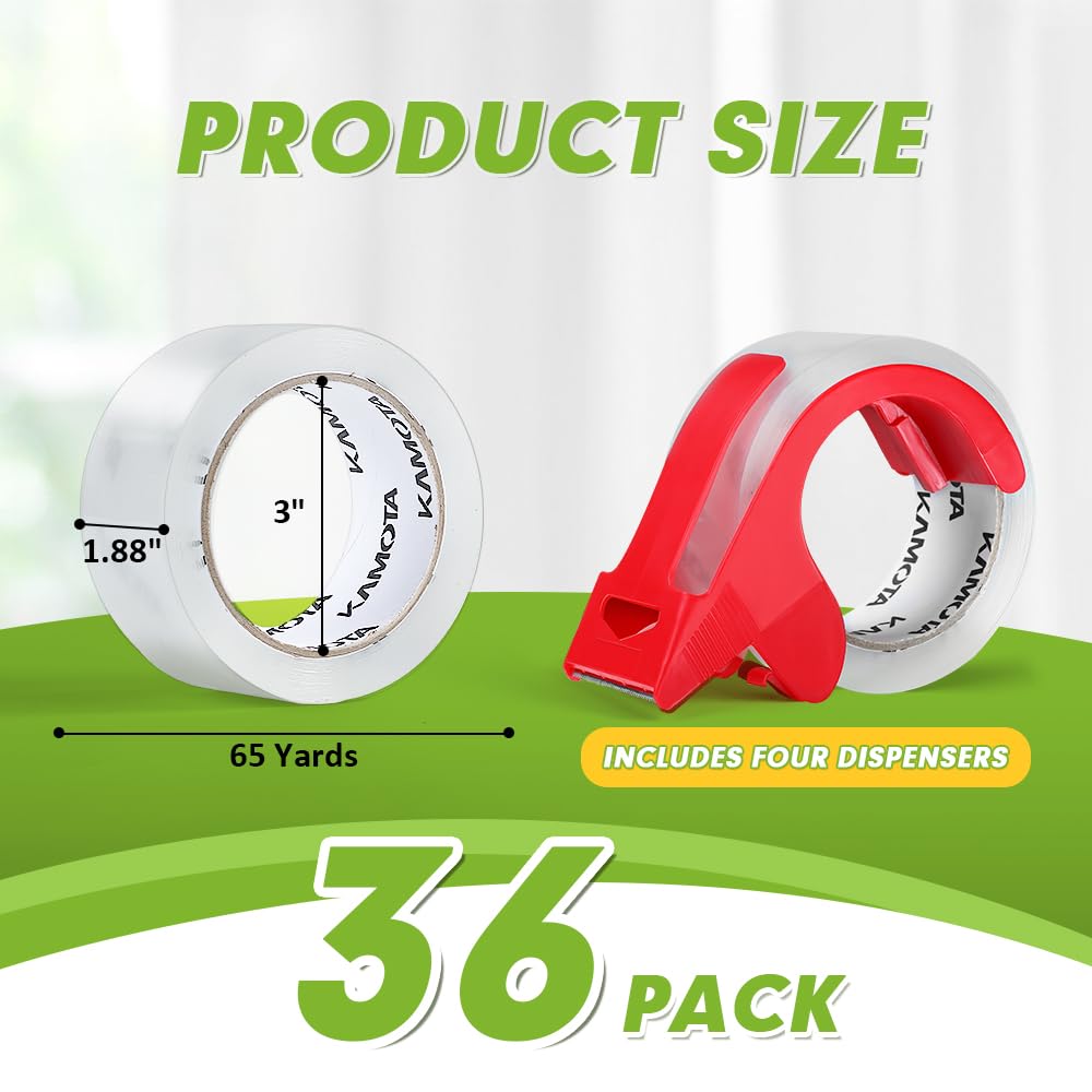 KAMOTA Packing Tape, 36 Rolls Heavy Duty Clear Packaging Tape for Shipping Packaging Moving Sealing, 1.88 inches Wide, 65 Yards Per Roll, Total 2340 Yards with 4 Dispensers