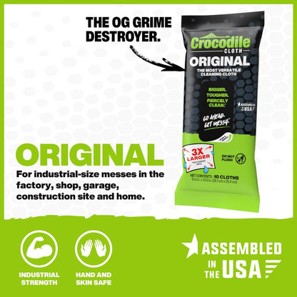 Crocodile Cloth Original Cleaning Wipes – 10 (15” x 10”) Hand & Tool Industrial Cleaning Wipes – Large Multi-Surface Cleaning Cloths, Water-Based Solution with Extreme Cleaning Power — Safe on Skin