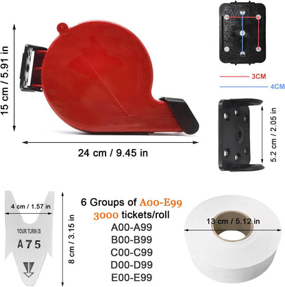 Red Ticket Dispenser Your Turn Take a Number System Turn-O-Matic Machine with 3000 Tickets per Roll 6 Groups 2-Digit Queue Number from A01-E99 White
