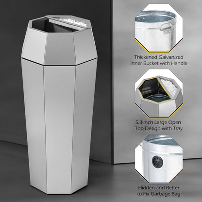 Dyna-Living Commercial Heavy-Duty Trash Cans Outdoor Garbage Can with Lid Large Trash Cans with Inside Cabinet for Patio, Silver Stainless Steel Garbage Can Commercial Indoor Trash Bin for Lobby