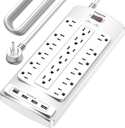 18 Outlets Surge Protector Power Strip - 20 Feet Flat Plug Heavy Duty Extension Cord with 18 Widely Outlets and 4 USB Ports, 2100 Joules, White, ETL Listed