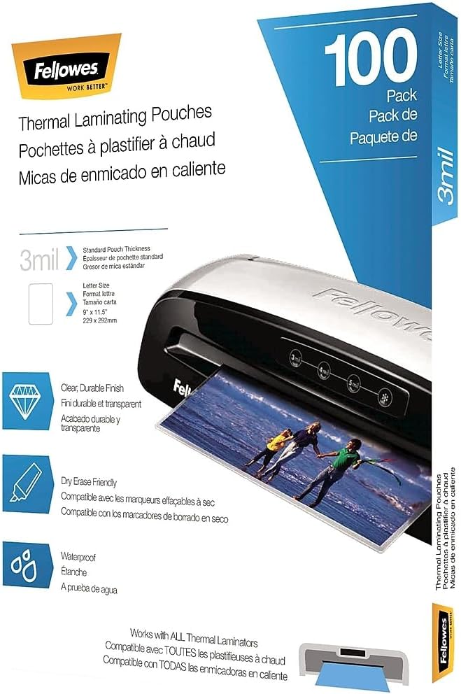 Fellowes Thermal Laminating Pouches/Sheets, Letter Size 9 x 11.5-Inches, 3 mil, 100 Pack (5743301)