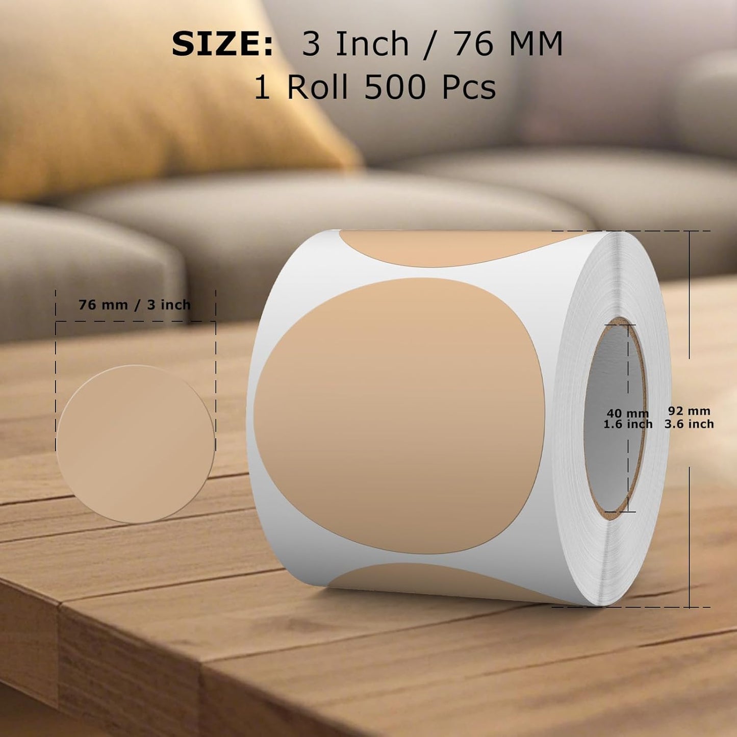 500 PCS Circle Dots Stickers 3 Inch Vinyl Kraft Round Labels Removable Waterproof Color Coding Floor Sticker Roll for Inventory School Marking Organization