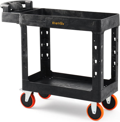 ELAFROS Heavy Duty Plastic Utility Cart 41.3 x 17 Inch - Ergonomic Handle Work Cart Storage W/Deep Shelves and 2 Fixed 2 Swivel Wheels Safely Holds up to 550 lbs - 2 Tier Service Cart with 6" Wheels