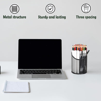 2 Pack Mesh Pencil Holder Pen Cup for Desk Round Black Pen Holder Desktop Pen Organizer 3 Compartments Pencil Organizer Desk Organizer for Office Home School