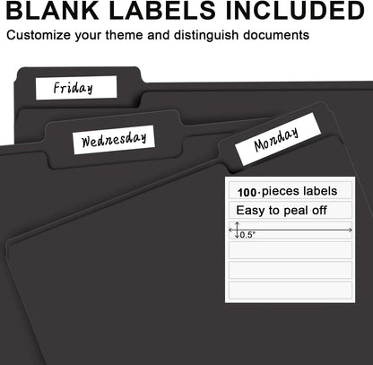 File Folder, RAZCC 100 Pack 1/3 Cut Tab File Folders Letter Size, Black Folders for Dcouments, Folders with Tab Great for Organizing and Easy File Storage