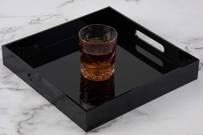 Glossy Black Sturdy Acrylic Serving Tray with Handles-10x10Inch-Serving Coffee,Food,Breakfast,Butler-Kitchen Countertop Tray-Makeup Drawer Organizer-Vanity Table,Ottoman Tray-Decorative Tray