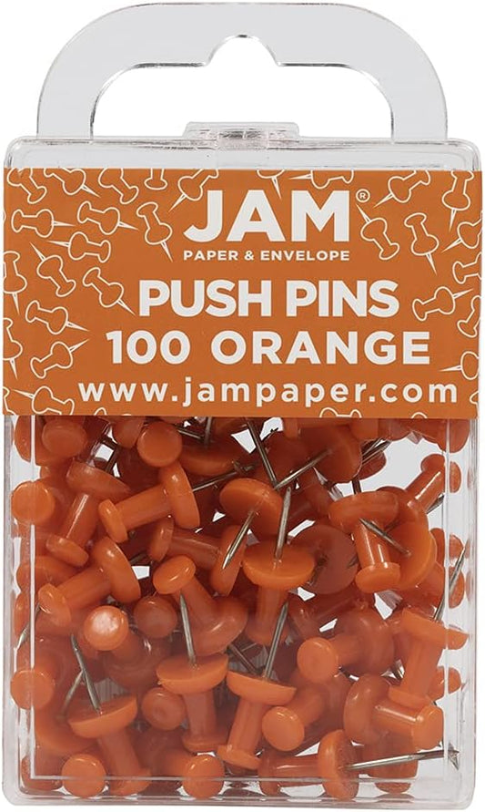 JAM PAPER Colorful Push Pins - Orange Pushpins - 100/Pack