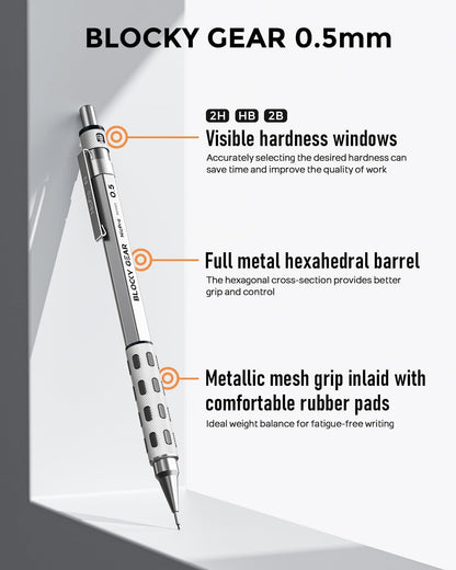Nicpro Blocky Gear 0.5 mm Mechanical Pencil Set in Case, Metal Pencil with Lead Refills, Eraser for Professional & Adult Art Writing Drafting Drawing