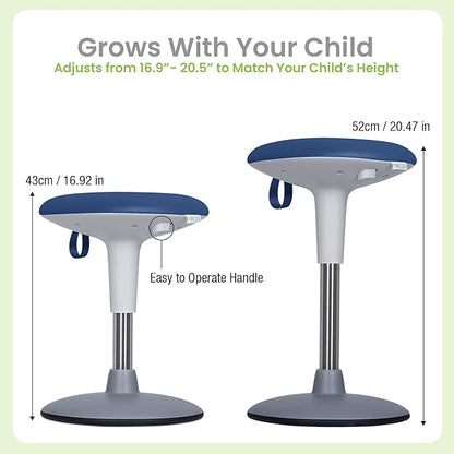 Kids Wobble Stool Ages 7–12; Adjustable Height Wobble Stool for Classroom Seating with Soft, Easy-to-Clean New Fabric Cushion; Flexible Wiggle Chair for Focus & ADHD + Bonus Visual Timer (Ocean Blue)