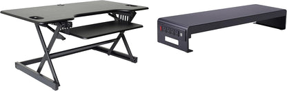 Rocelco 46" Large Height Adjustable Standing Desk Converter with Double Monitor Mount Stand BUNDLE - Quick Sit Stand Up Computer Workstation Riser - Retractable Keyboard Tray - Black (R DADRB-46-DMS)