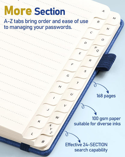 WEMATE Password Book with Alphabetical Tabs, Spiral Password Keeper Book for Seniors, Internet Password Notebook Password Journal Logbook Log in Detail, Small – 4.7''x 6'' (Navy Blue)