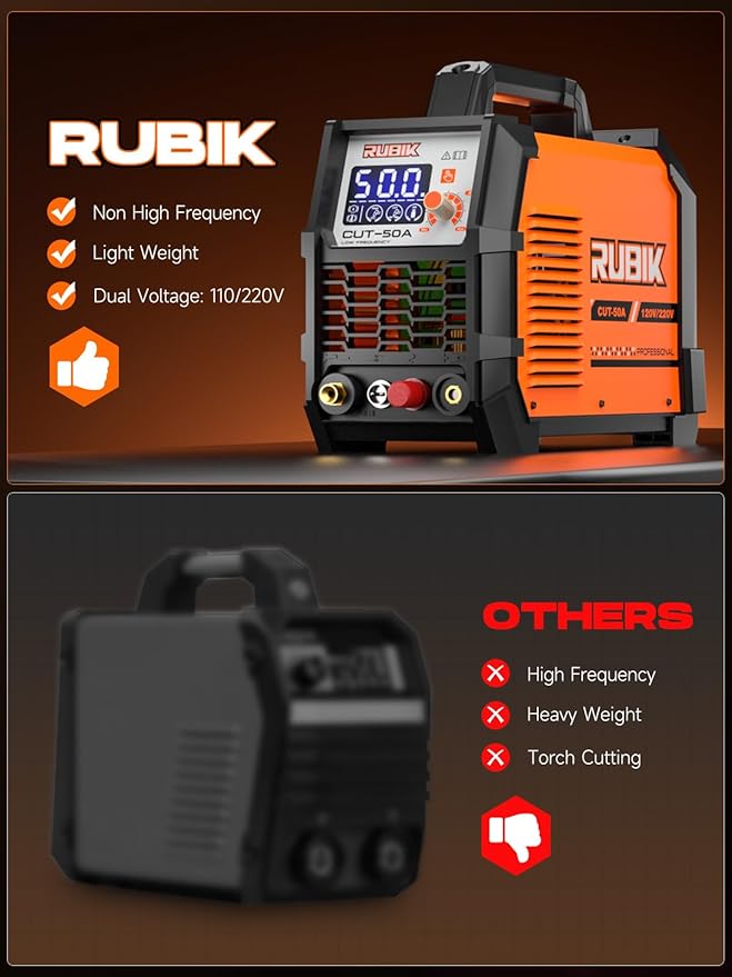Plasma Cutte 50 Amp, Plasma Cutter Machine 110/220V Dual Voltage 3/4" Max Cutting, 1/2'' Clean Cut, Non-High Frequency Non-Touch Pilot Arc, Large LCD Digital Dispaly, 2T/4T Plasma Cutting Machine