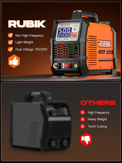Plasma Cutte 50 Amp, Plasma Cutter Machine 110/220V Dual Voltage 3/4" Max Cutting, 1/2'' Clean Cut, Non-High Frequency Non-Touch Pilot Arc, Large LCD Digital Dispaly, 2T/4T Plasma Cutting Machine