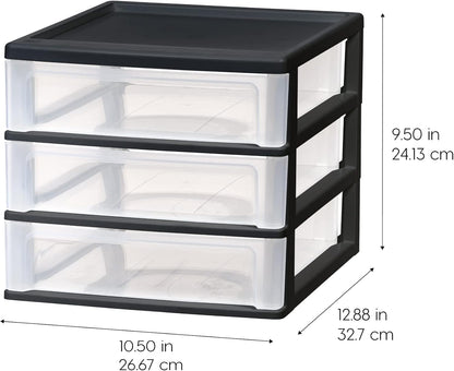 IRIS USA Plastic Stacking Desk Top 3-Drawer Storage Organizer, 1-Pack, for Makeup Vanity Nail Polish Bathroom Stationery Art Craft Supplies Kitchen Office Garage and Small Organization, Medium, Black