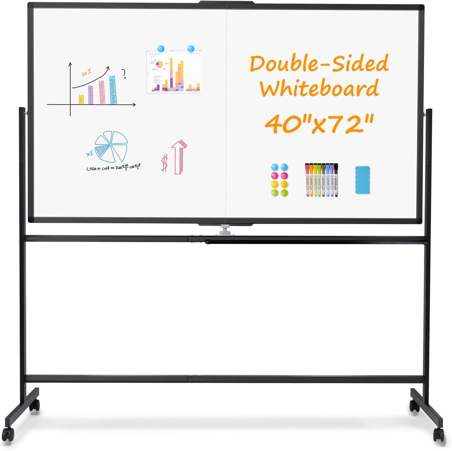 WALGLASS Rolling Whiteboard on Wheels, 72"x40" Double-Sided Dry Erase White Board with Stand, Large Magnetic Whiteboard, Giant Portable Standing Board for Office, School, Home, Classroom 6 x 3.33 ft