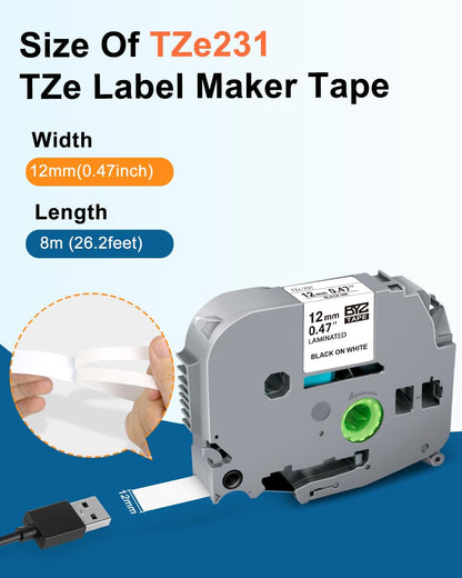 3PK 12mm 0.47 Laminated White Tape TZE-231 Replacement for Brother P Touch Label Tape TZe-231 12 mm .47 Label Maker Refills Work for Brother Ptouch PTH110 PTH103w PTD210 PTD220 PT1280