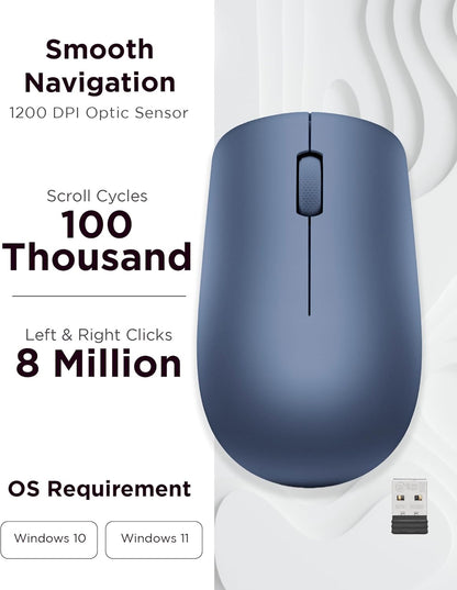 Lenovo 530 Wireless Mouse with Battery, 2.4GHz Nano USB, 1200 DPI Optical Sensor, Ergonomic for Left or Right Hand, Lightweight, GY50Z18986, Abyss Blue