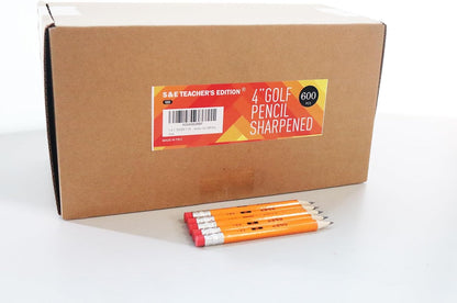 S & E TEACHER'S EDITION 600PCS 4'' Golf Pencils Pre-sharpened, Break-Resistant Lead No. 2 Half Pencils with Eraser Tops, 2 HB pencil, Back to school, 600/Box.