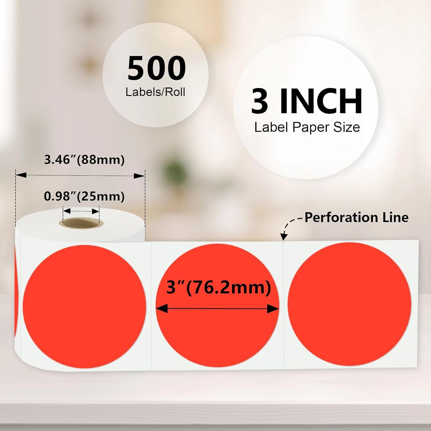 3 X 3 Inch Color Coding Dot Labels Circle Thermal Printable Waterproof 500 Pcs Round Stickers Adhesive Writable for Office, Home, Garage, DIY Sticker, Barcodes, Name Tag, Fluorescent Red