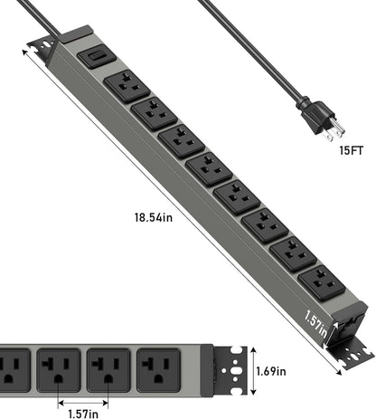 JUNNUJ Heavy Duty Power Strip Wall Mount, 20 Amp Surge Protector 1200J Metal 8 Outlet Under Desk Mounted 20A, Garage Power Bar Table Socket Industrial Outlets 6-20R T-Slot, 15FT 12AWG Extension Cord