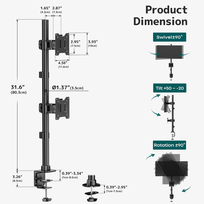 Dual Vertically Stacked Ultrawide Monitor Desk Mount 17-49 Inch - Extra Tall Heavy Duty Adjustable Monitor Arm for 2 monitores,Weight 2-20 kg per Arm,VESA 75/100 mm
