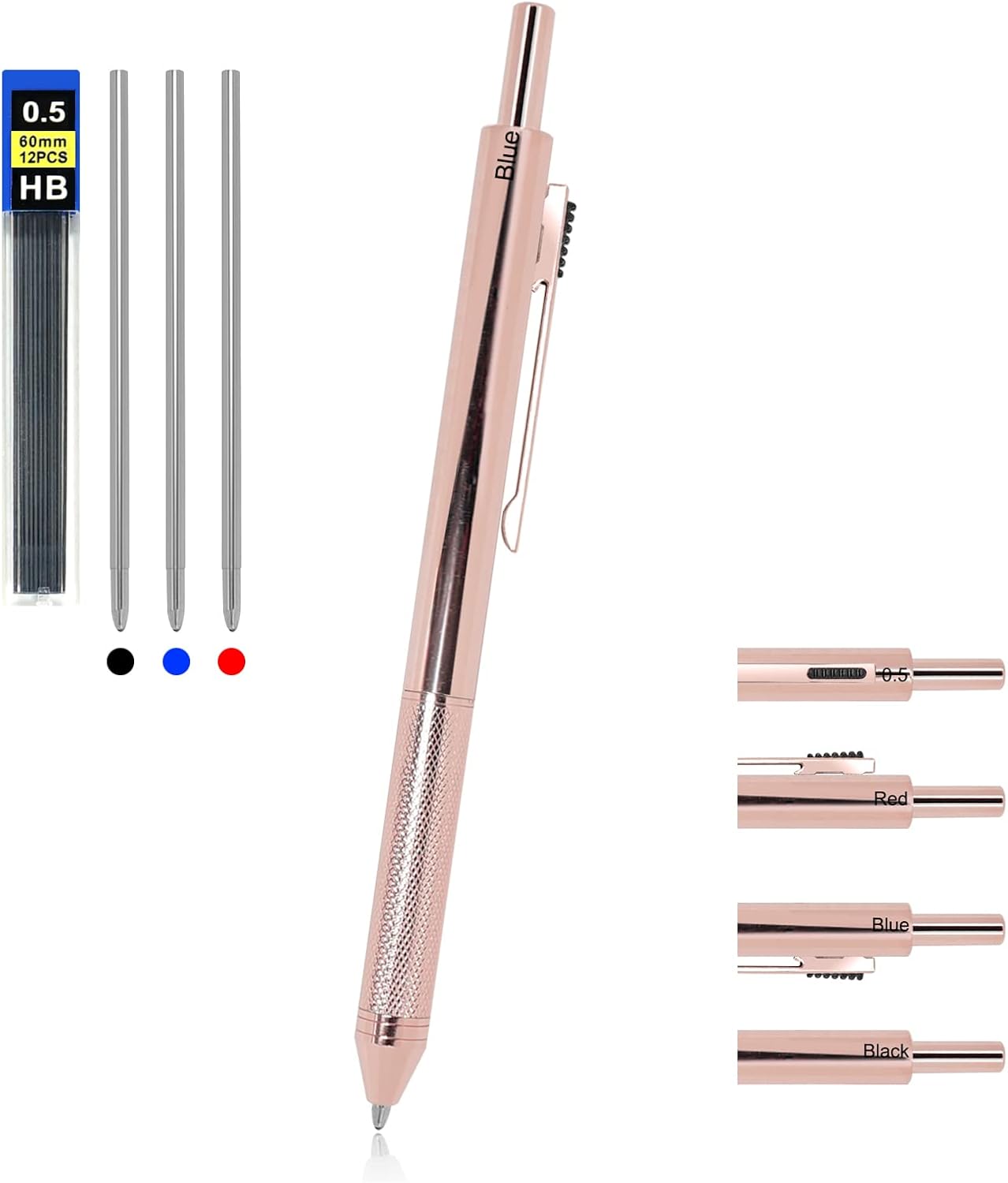 YOUMI Multicolor pen 4 in 1 Multifunction Pen with Metal Cased 0.5mm Mechanical Pencil Red Ballpoint Pen Blue BallpointPen and Black Ballpoint Pen Gift for Journaling (Rose gold)