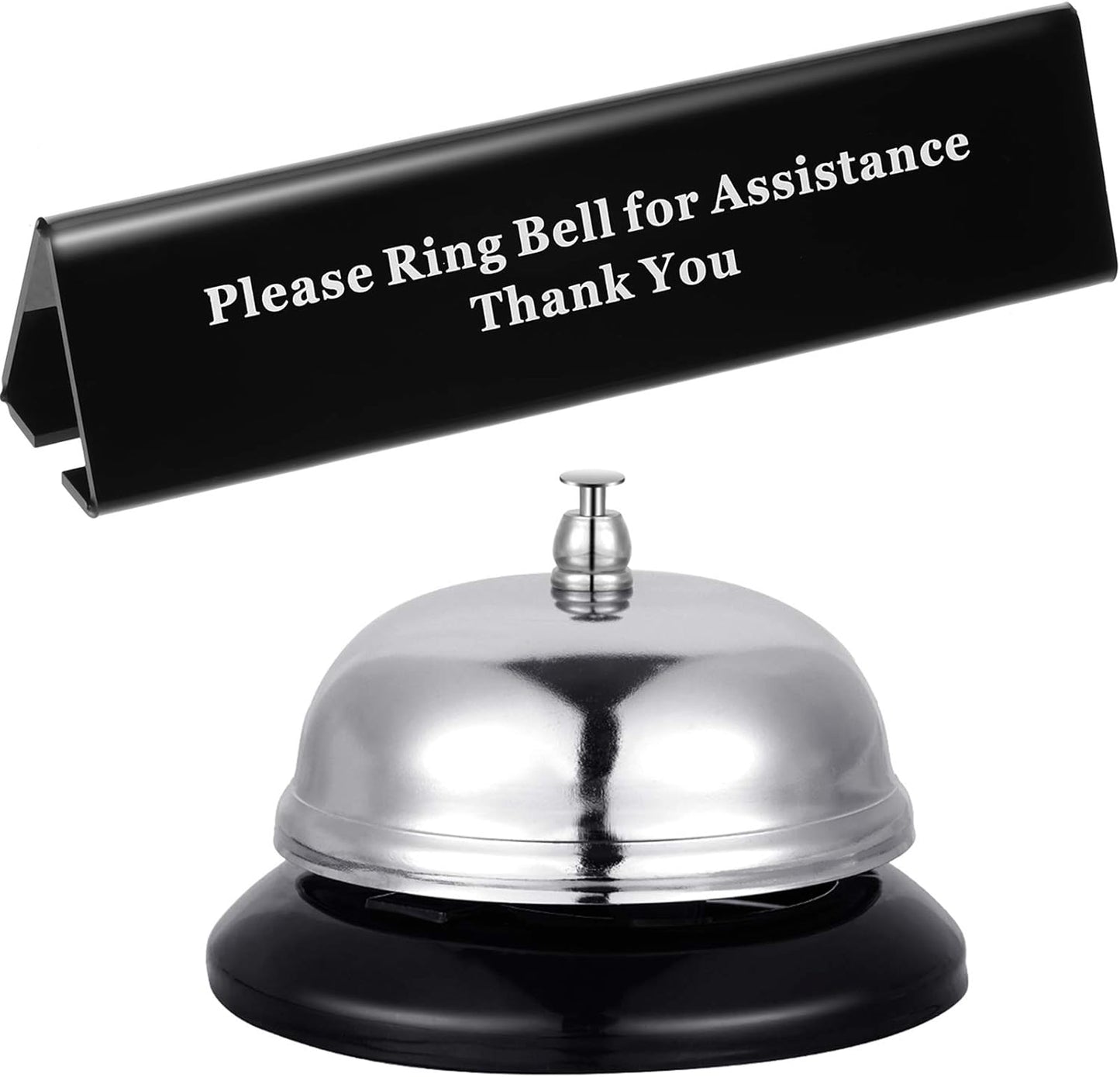 Boao Desk Service Dinner Bell Metal Silver Call Bell and Double Side No Receptionist Sign Please Ring Sign for Service Assistance for Hotel School Restaurant Reception Area(Sliver Bell)