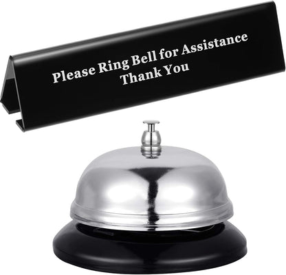 Boao Desk Service Dinner Bell Metal Silver Call Bell and Double Side No Receptionist Sign Please Ring Sign for Service Assistance for Hotel School Restaurant Reception Area(Sliver Bell)