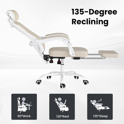 Farini Ergonomic Office Chair with Footrest, Mesh Office Desk Chair with Headrest, High Back Computer Chair with Adjustable Lumbar Support for Home Office Study Room Bedroom, White & Kakhi