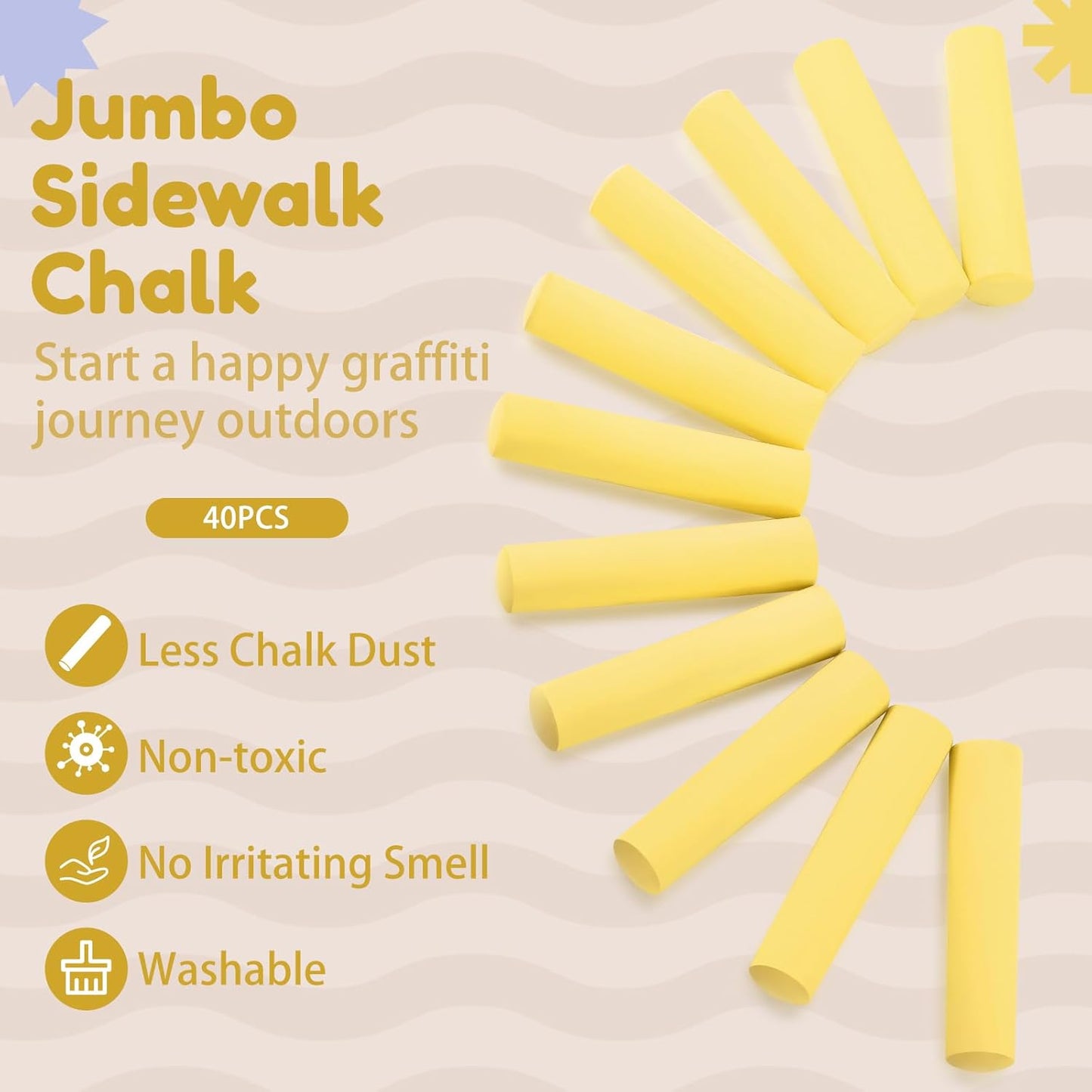 Fulmoon 40 Pcs Jumbo Sidewalk Chalk for Kids Outdoor Art Non Toxic Large Washable Street Chalk for Adults Drawing Painting Classroom(Yellow,Round Style)
