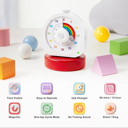 Visual Timer for Kids – 60min/12h Rainbow Magnetic Timer for Classroom, Rechargeable Silent Countdown Timer with Pomodoro Mode, ADHD Time Management Tool
