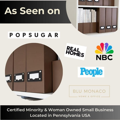 BLU MONACO Set of 6 Foldable Brown Magazine File Holders with Brown Leather Label Holders – Elegant Magazine Storage Containers & Desk Organizer for Office