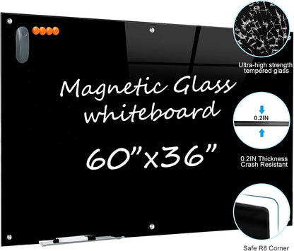 Glass Dry Erase Black Board - Magnetic Blackboard 60"X36" Frameless White Board Clear Glass Boards with Super Strong Magnets, Wall Mounted for Office, Classroom and Home