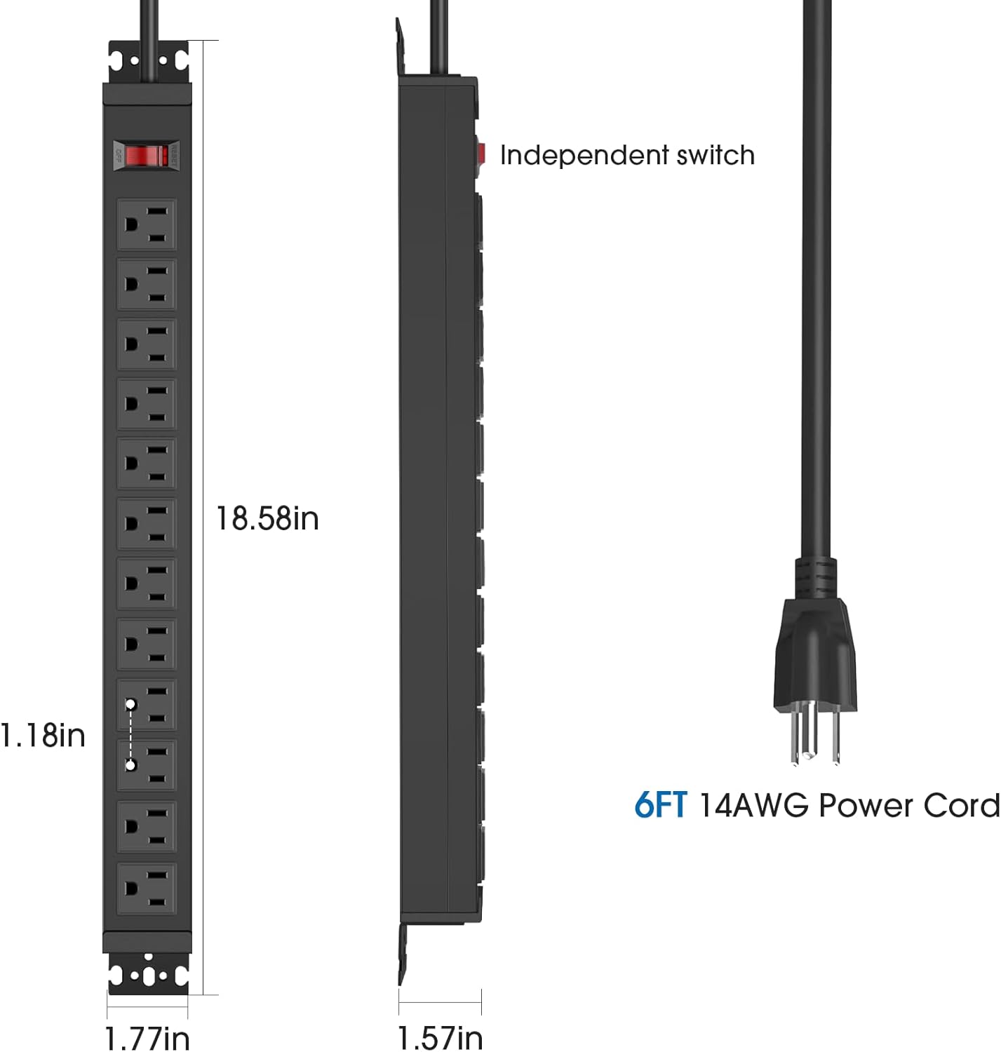 HHSOET Rotating Mountable Power Strip, 12 Outlet Wall Mount Surge Protector, Metal Heavy Duty and Versatile Outlet Strip, Stylish Appearance, Sturdy and Durable, 6ft Power Cord.(Black)
