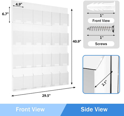Acrylic Brochure Pamphlet Holder, 24 Clear Wall Mount Display Holders, Trifold Flyer Rack, Literature Storage Rack for Home, Offices, Waiting Room