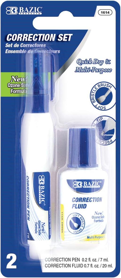 BAZIC Correction Fluid, Soft Bristle Brush & Precise Metal Tip Applicator, Fine Point Corrections Pen White Out Wipe Out Liquid (2/Pack), 24-Packs