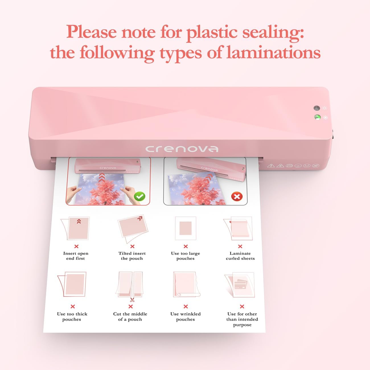 Crenova A4 Laminator Machine 4 in 1 Personal Desktop Hot & Cold with 10 Laminating Pouches No Bubbles 9 Inch Thermal Laminator for Home Office School Business Use Pink